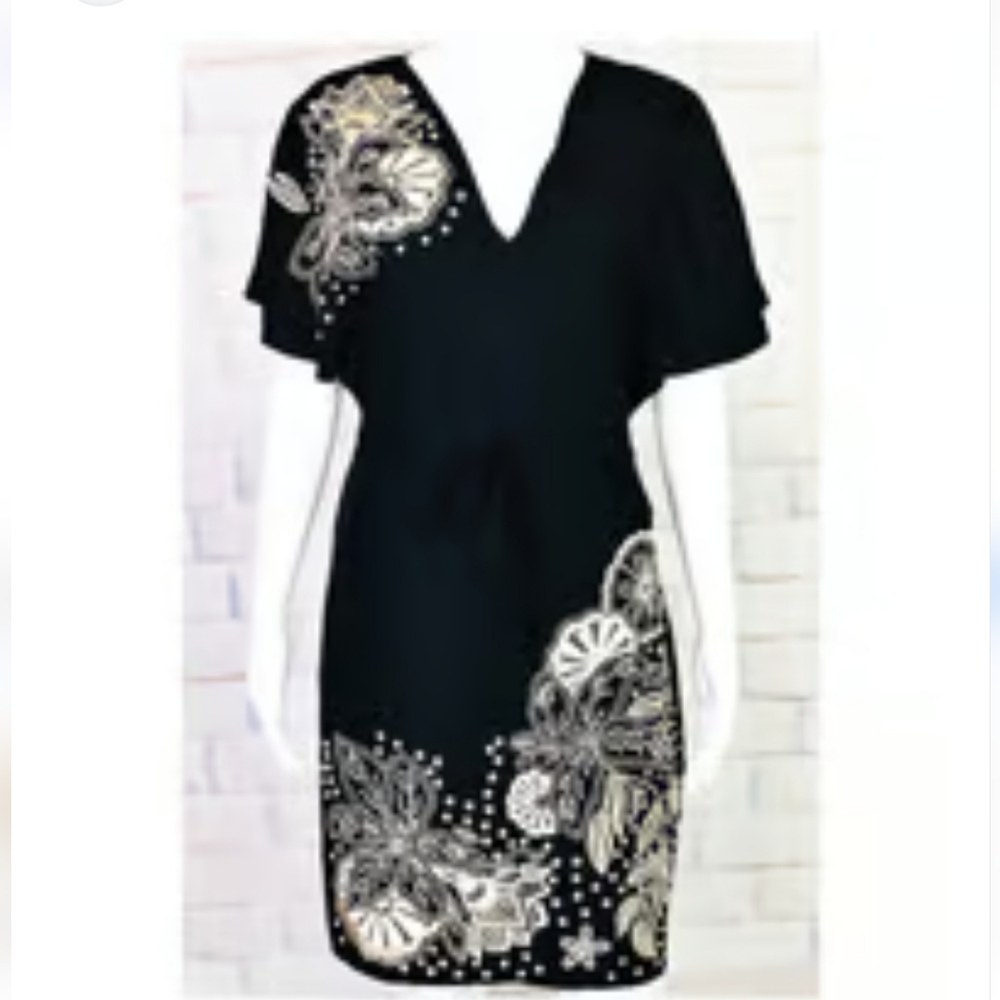 Yoana Baraschi Black Dress with Gold Floral Embellishment